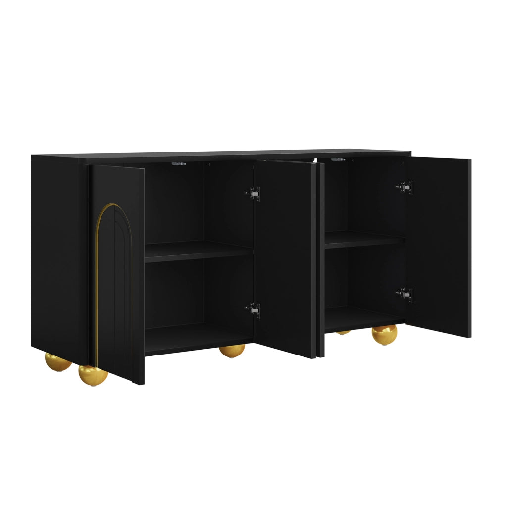 Sideboard 4 ante nero con decoro dorato, 140x40x74 cm