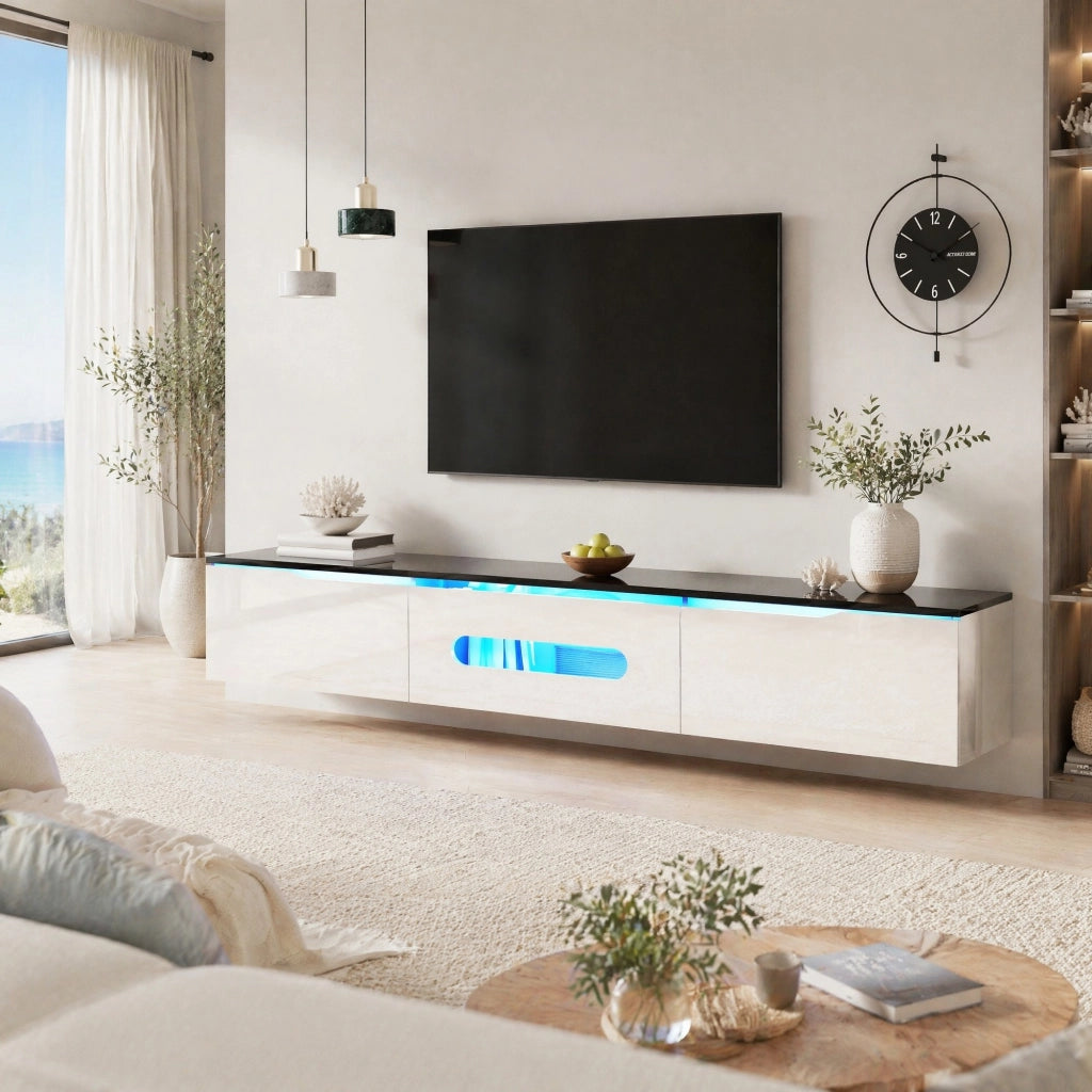 Mobile TV sospeso o da terra 180x35x30 cm con LED a 16 colori; nero e bianco