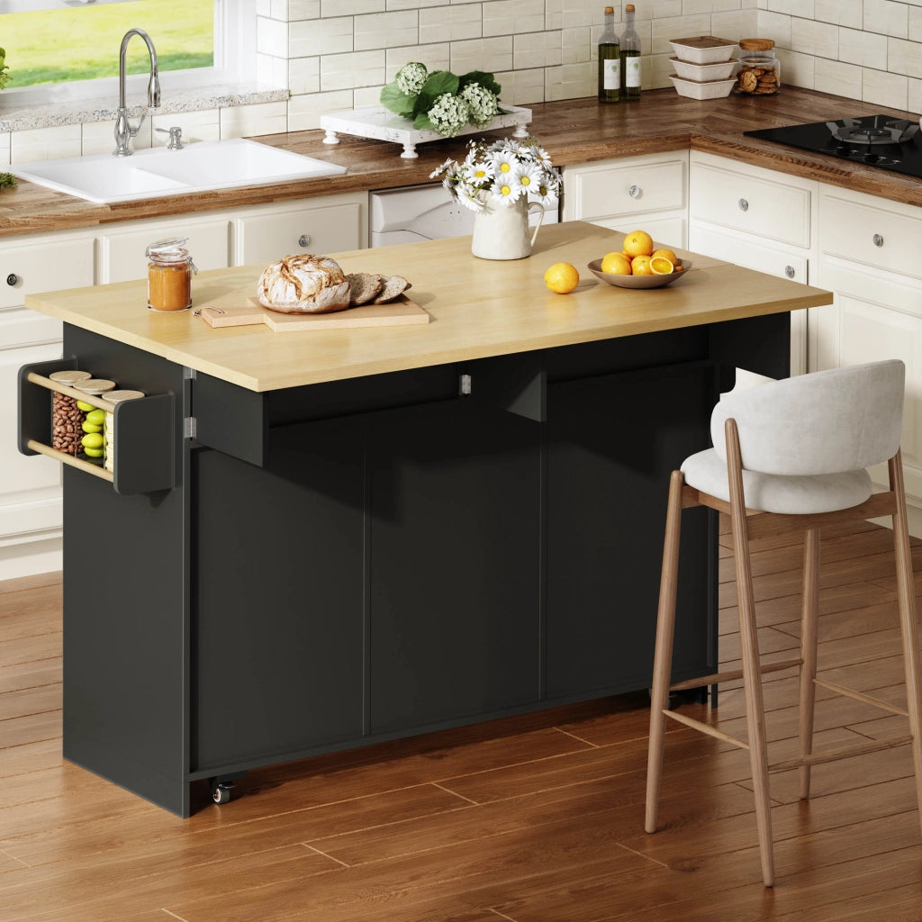 Isola da cucina, piano ribaltabile, con armadietti, rotelle, 2 cassetti, finitura effetto legno, nero
