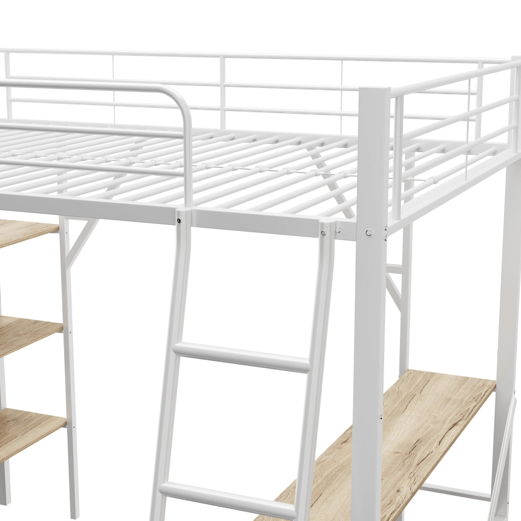 Letto a soppalco bianco 90x200 cm con scrivania e 3 scaffali in metallo e MDF