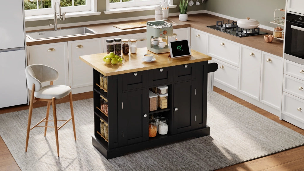 Tavolo da cucina mobile 132 cm, stile country, piano pieghevole, mobile multifunzione con cassetto, portaspezie, porta asciugamani, 4 ruote, presa integrata