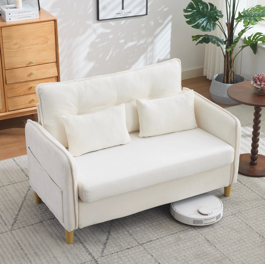 Divano a 2 posti beige con braccioli e tasche laterali