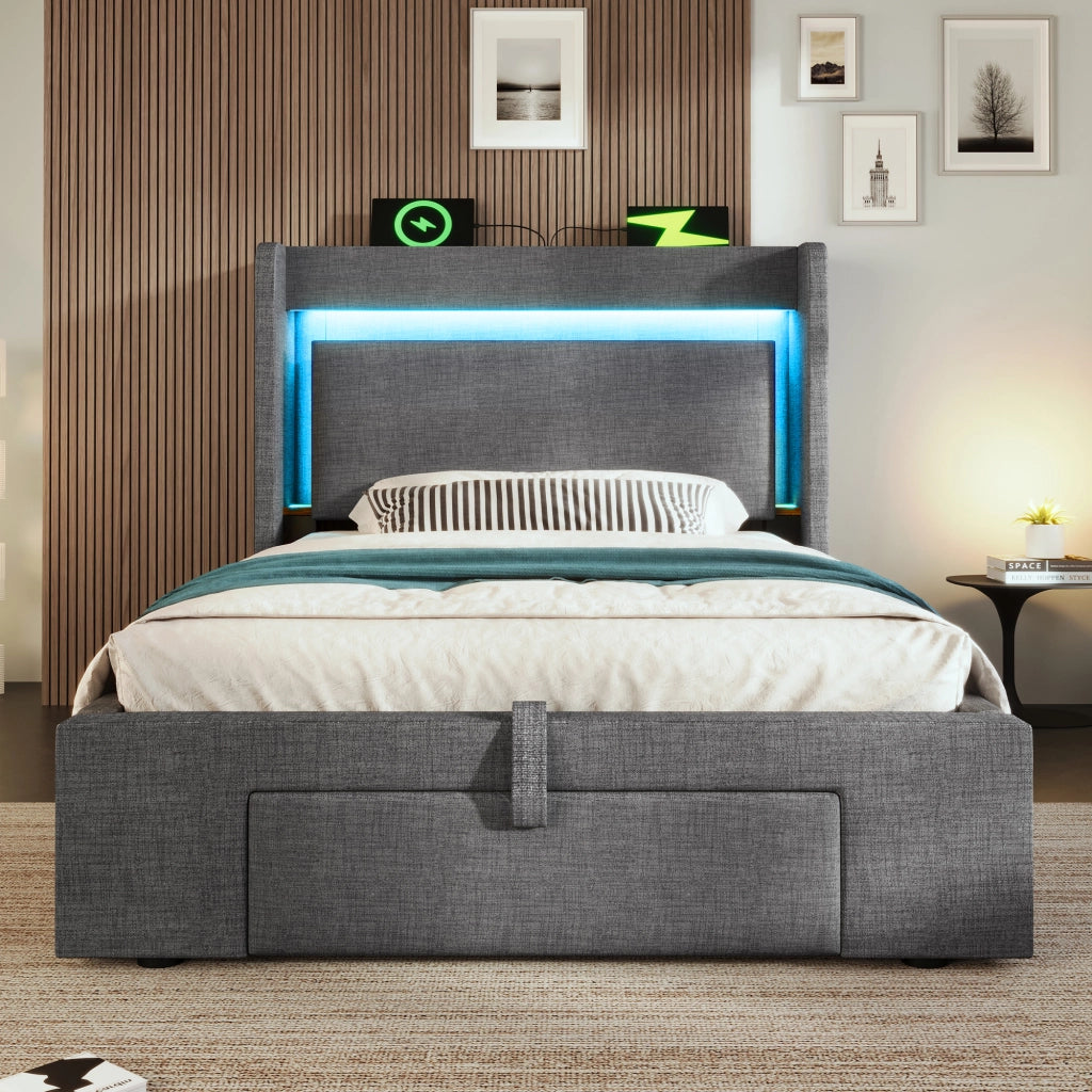 Letto contenitore singolo 90 × 200 cm con cassetto; LED regolabile; USB e porta tipo C; con materasso; grigio