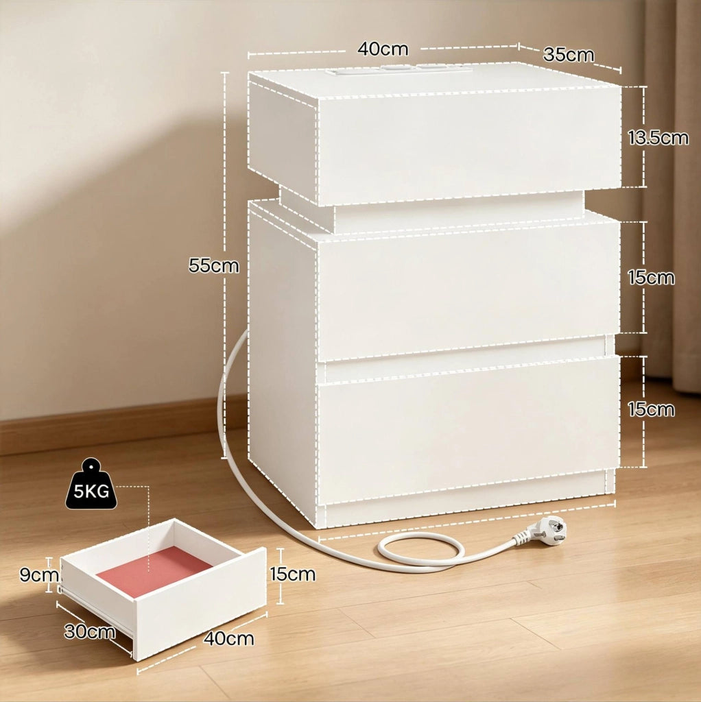 Comodino bianco con LED regolabile, 2 prese, USB e 2 cassetti