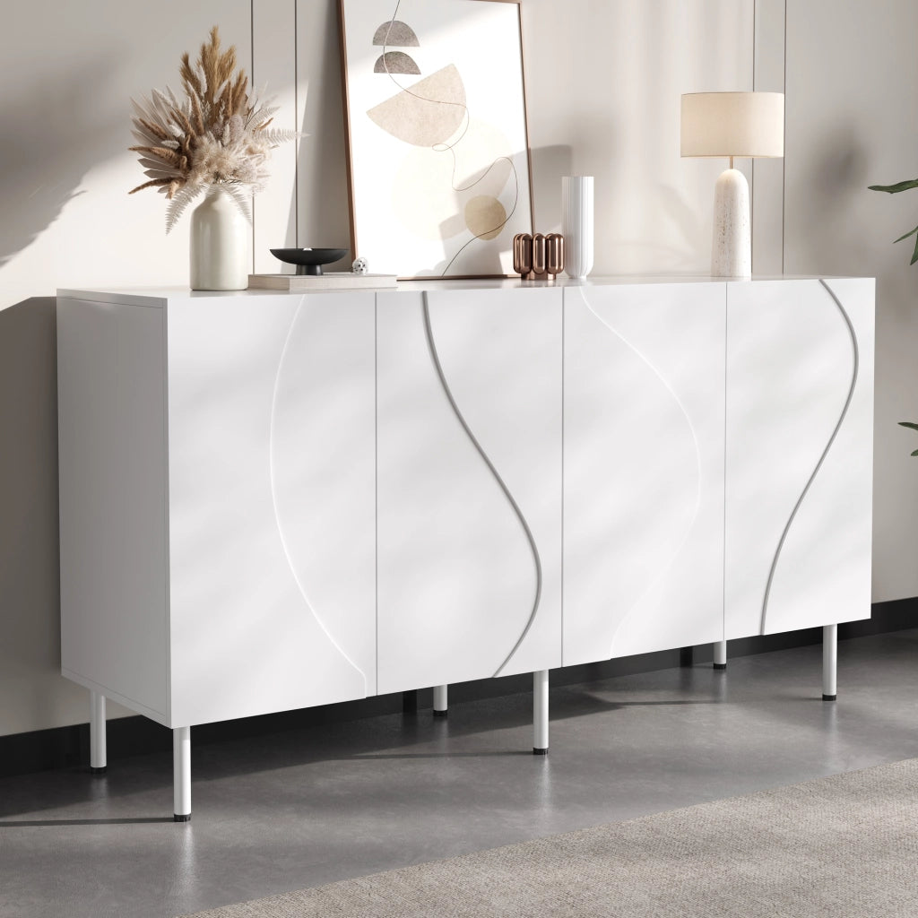 Credenza bianca con ante curve 3D 140 cm senza maniglie MDF e pannello truciolare