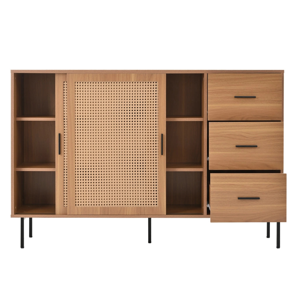 Credenza 140x37x91 cm con 2 ante scorrevoli in rattan e 3 cassetti naturale