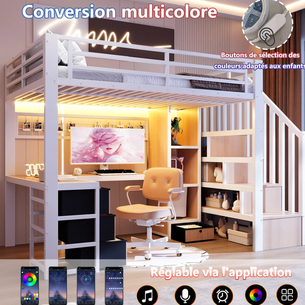 Letto a soppalco 90 x 200 cm in metallo bianco con scrivania; LED; 4 cassetti e scale contenitore