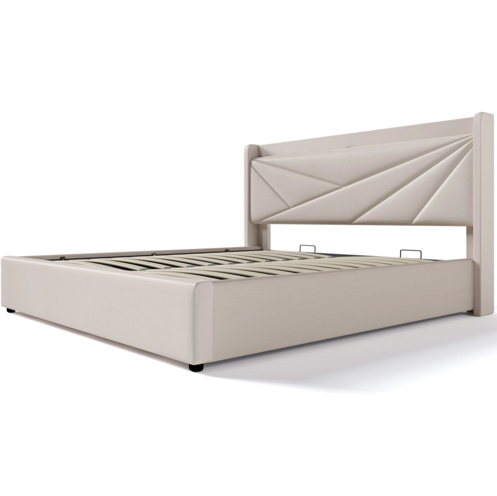 Letto matrimoniale 160x200 cm con contenitore, USB e USB-C in cotone e lino beige