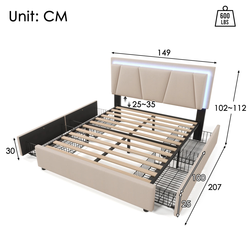 Letto matrimoniale imbottito 140x200 cm con illuminazione LED, 4 cassetti e testiera regolabile in altezza, beige