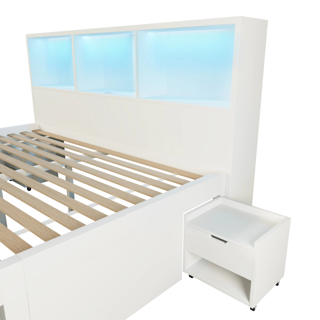 Letto matrimoniale 140x190 cm bianco con LED; USB; cassetto e due comodini mobili