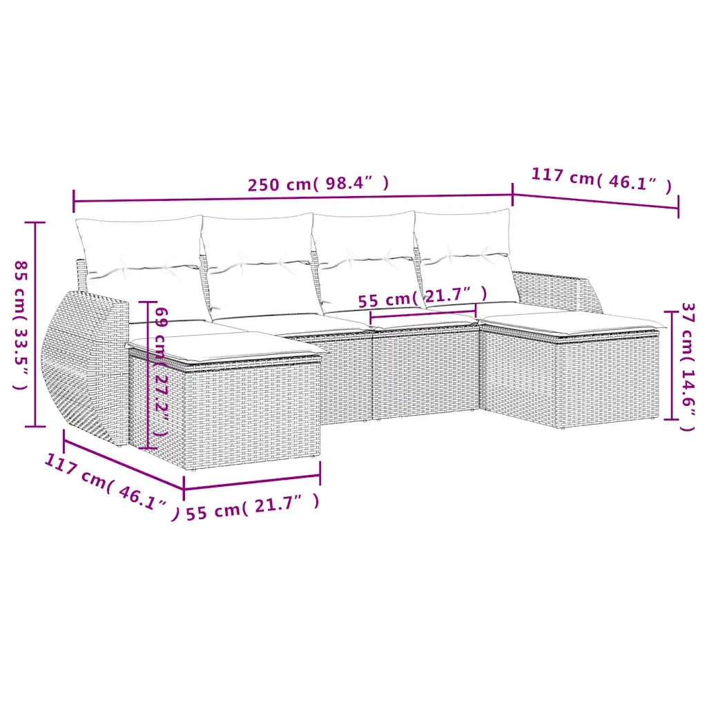 Set Divani da Giardino 6 pz con Cuscini Nero in Polyrattan 3221716