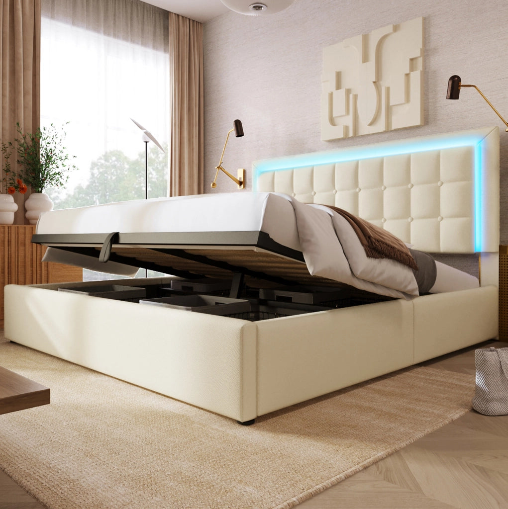LETTO Matrimoniale Contenitore LED 180x200 cm PU Bianco
