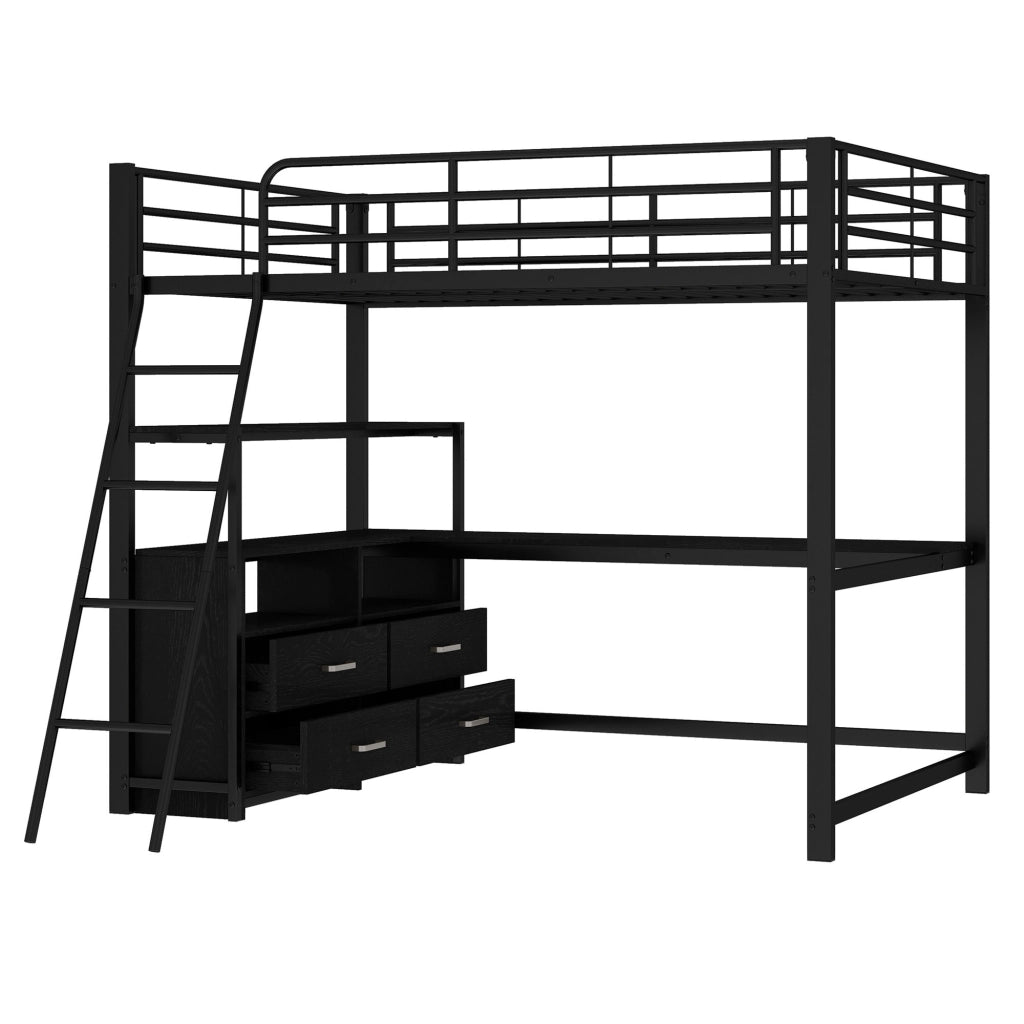 Letto a Soppalco 140x200 cm in MDF e metallo con Scrivania; Cassetti Nero