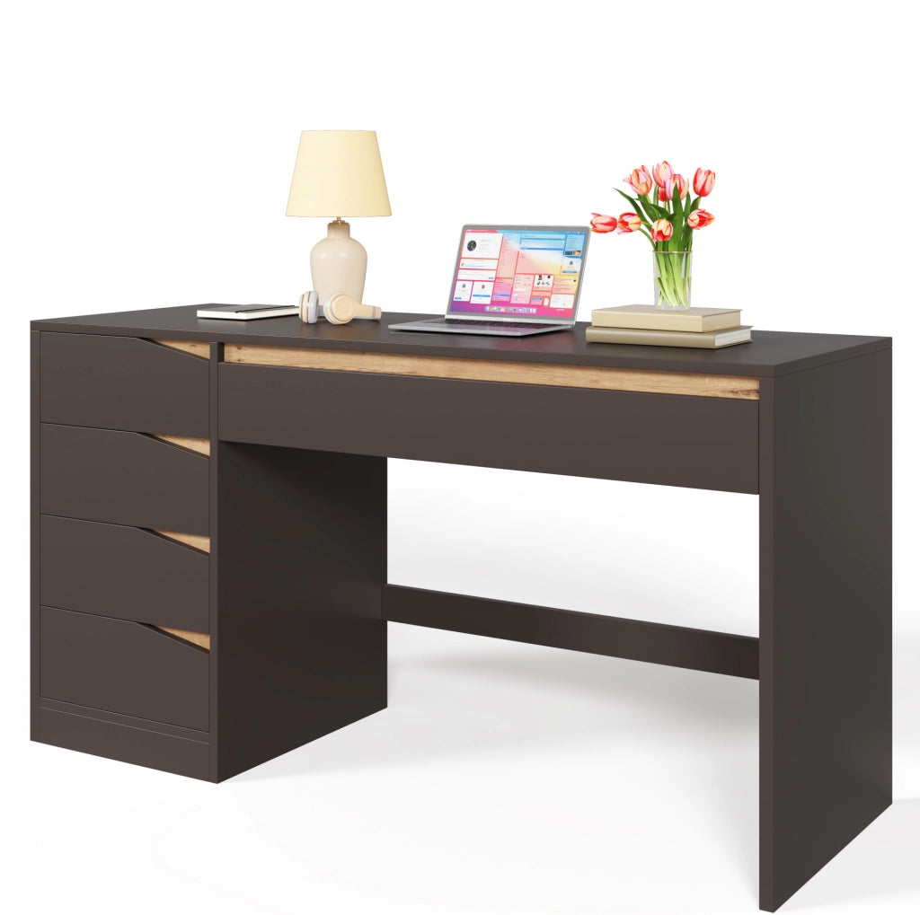 Scrivania 140x50 cm con 5 cassetti; grigio ed effetto rovere; in MDF