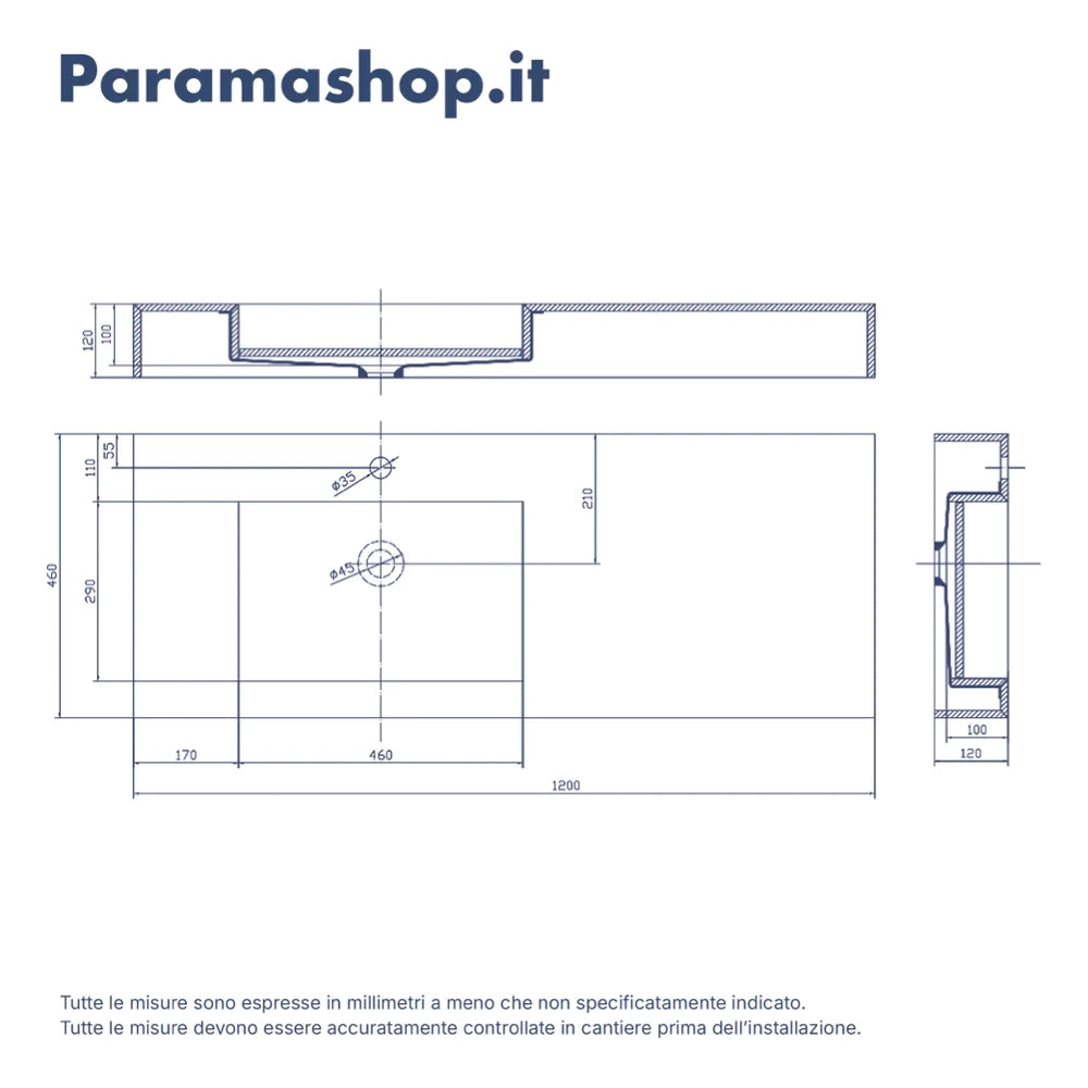 Lavabo sospeso con vasca a sinistra in hpl 120cm effetto cemento | Baikal