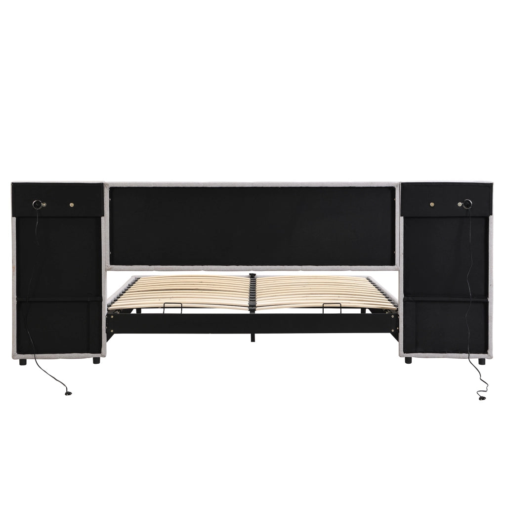 Letto imbottito 180x200 cm con USB; ricarica wireless; luce e contenitore; grigio
