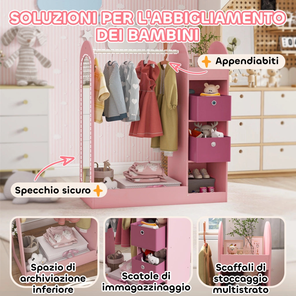 Appendiabiti bambini con ripiani e specchio ¨C Xylo ¨C legno rosa