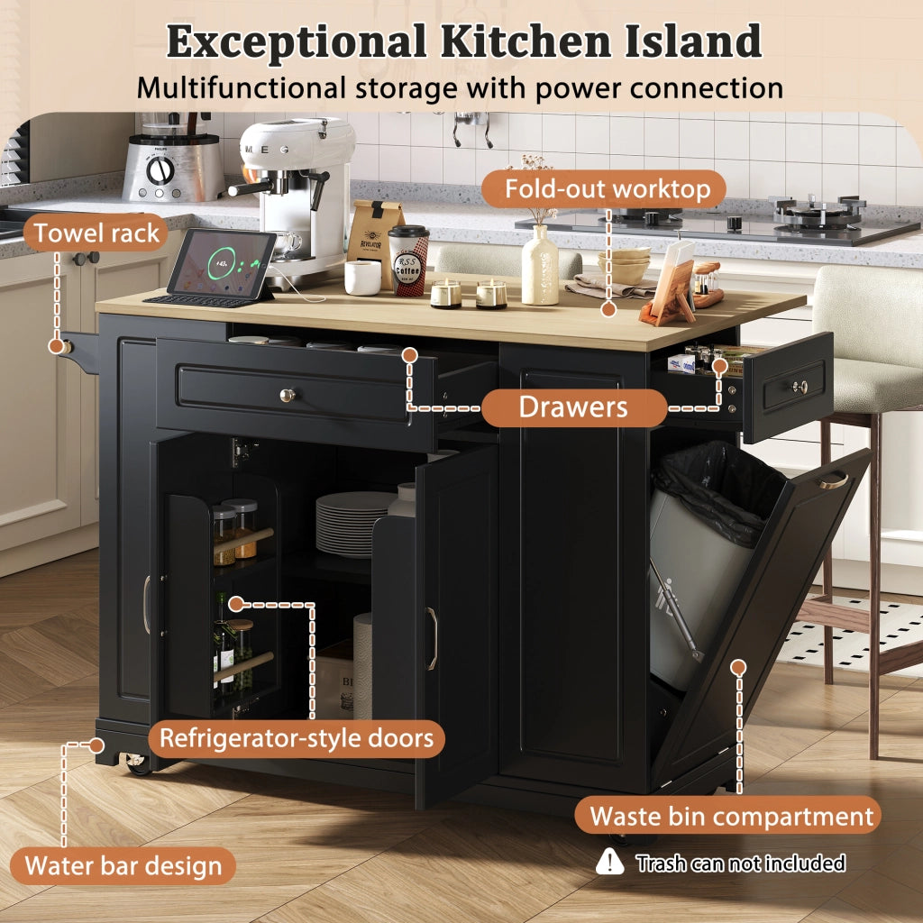 Isola da cucina mobile con piano ribaltabile prese elettriche vano rifiuti MDF nero naturale 131.8 × 40-70 × 93.3 cm