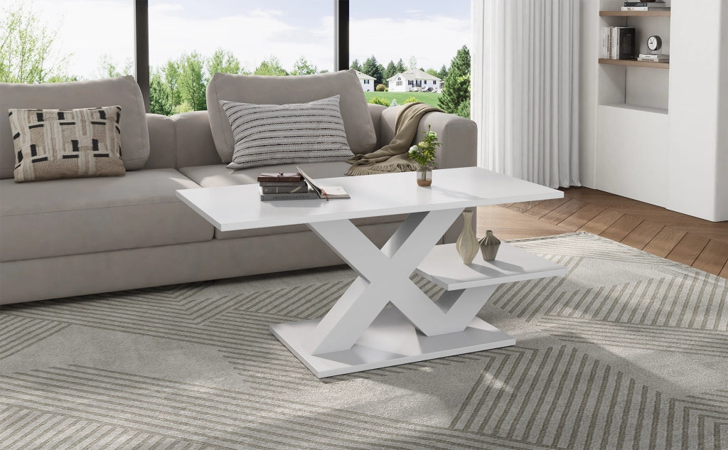 Tavolino basso fisso a doppio piano con supporto geometrico a X in MDF bianco lucido per soggiorno 100 × 48 × 45 cm