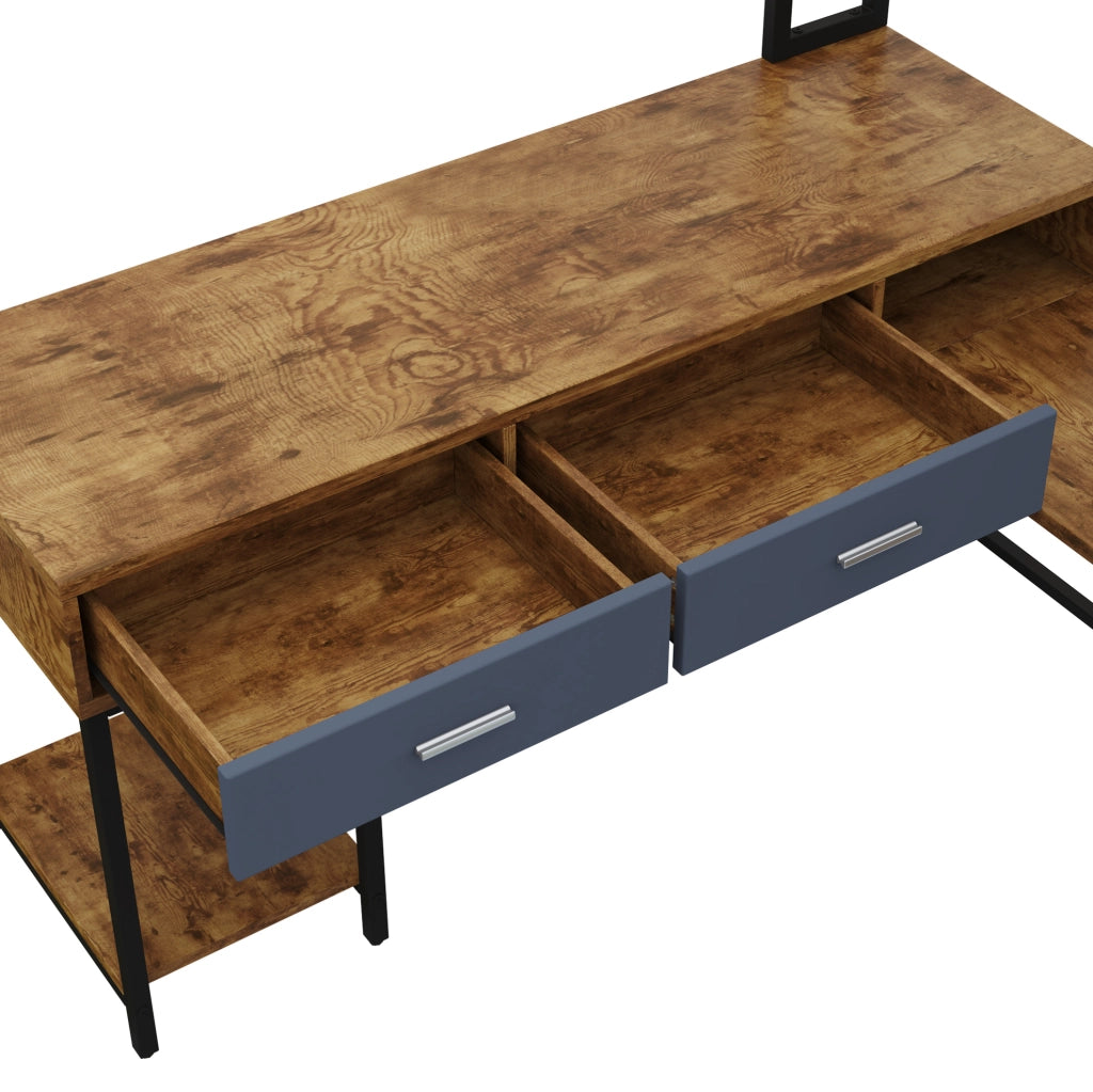 Scrivania angolare industriale 140x140x135 cm in MDF e metallo, colore nero e legno, con cassetti e anta soft-close