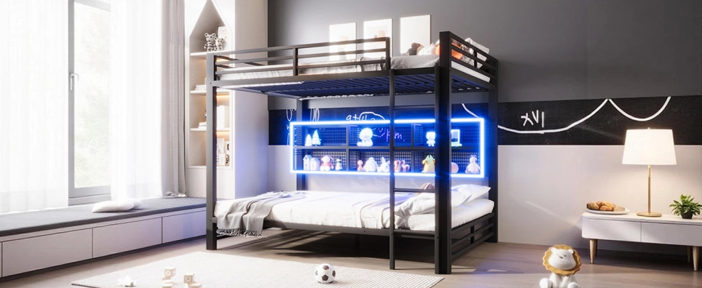 Letto a castello 140x200 cm con armadi contenitore e luce LED, Nero