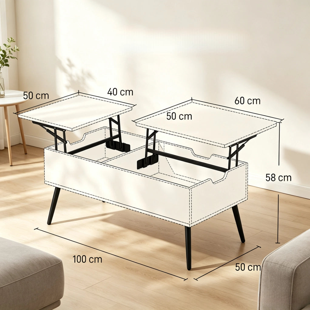 Tavolino da salotto multifunzione con piano rialzabile, effetto legno naturale e gambe in metallo nero, 100x50x43,6 cm