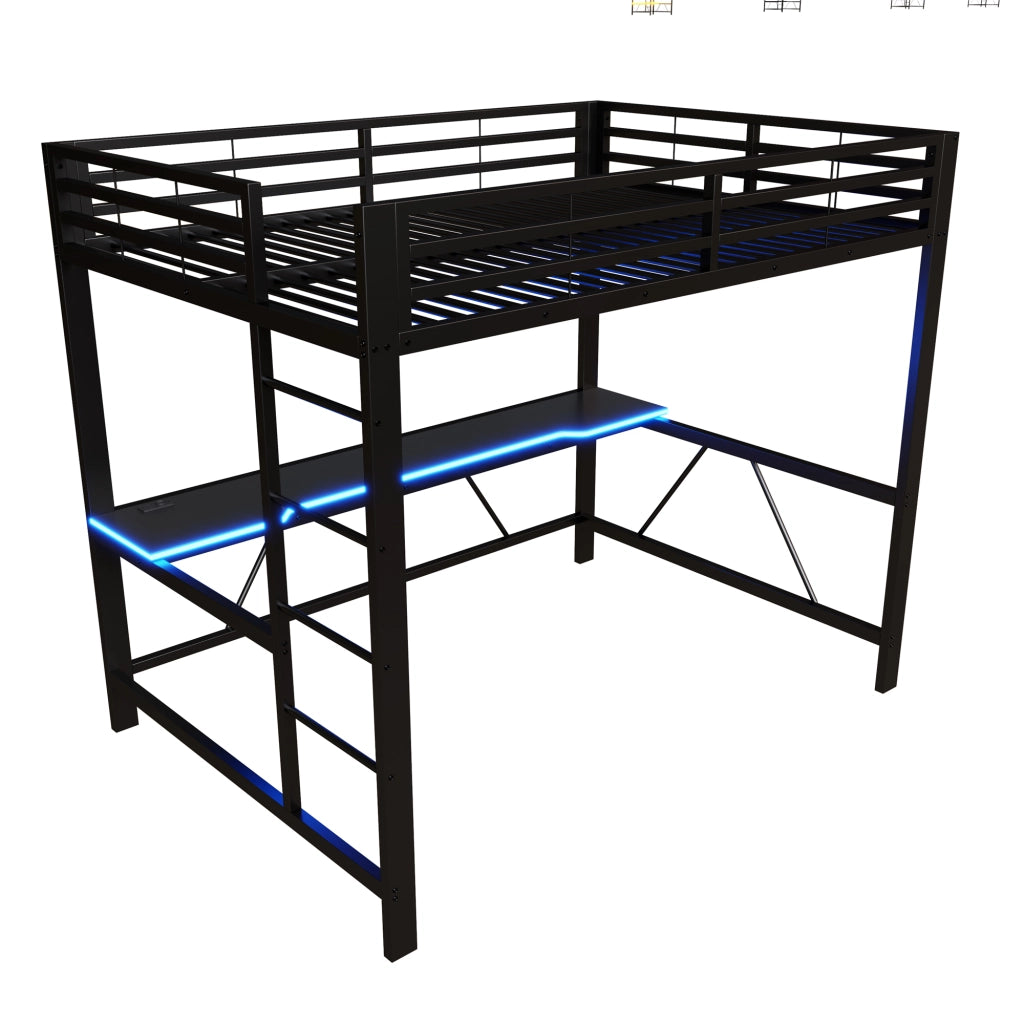 Letto a soppalco gaming in metallo con LED, USB e scrivania, 140x200 cm, nero