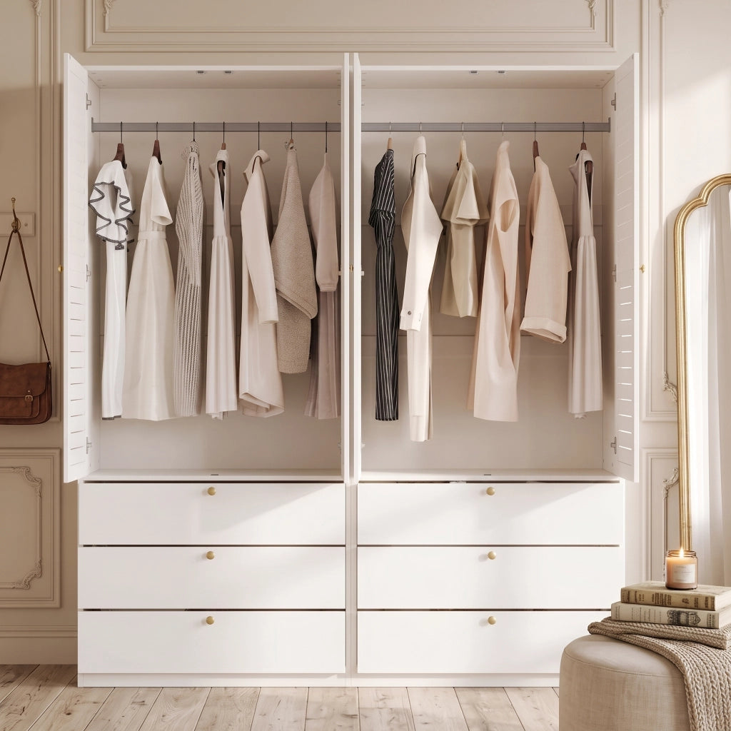 Armadio 4 ante 180 × 50 × 200 cm con 6 cassetti e 2 appendiabiti in pannello truciolare bianco