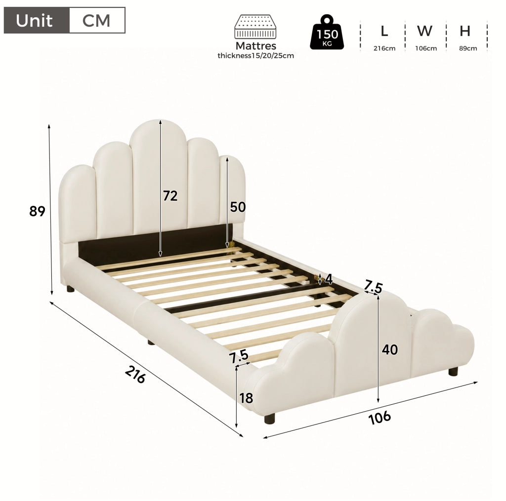 Letto singolo imbottito ULEVR 90x200 cm in velluto beige con rete a doghe, testiera e angoli arrotondati