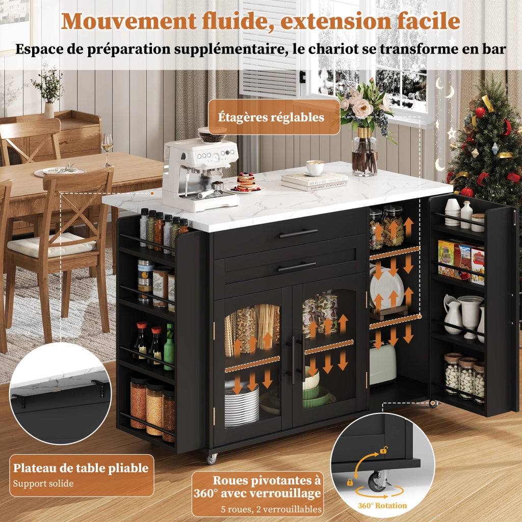Isola da cucina con piano ribaltabile ruote bloccabili ante in vetro e 2 cassetti MDF nero