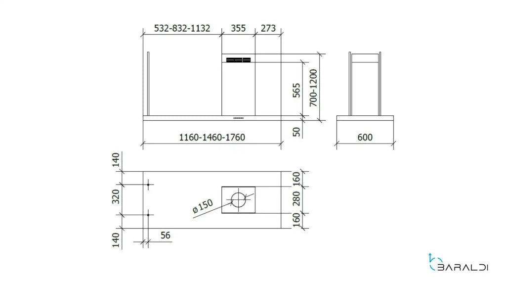 CAPPA ELEA PARETE cm120x60 camino Destro - Nera - 800 m3/h