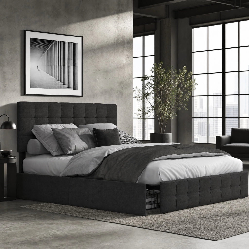 Letto matrimoniale imbottito 140 × 200 cm con 4 cassetti testiera regolabile in lino nero e rete in acciaio