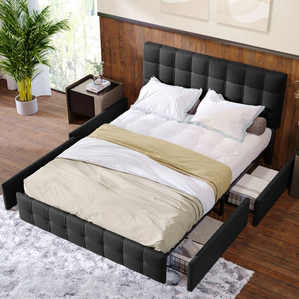 Letto imbottito 140x200 nero con 4 cassetti; testiera regolabile e rete a doghe; in lino