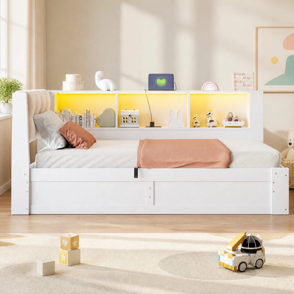 Letto singolo 90x200 cm con contenitore laterale, LED e USB