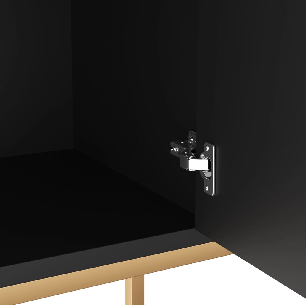 Sideboard moderno in nero con motivi geometrici, 162x40x80 cm, struttura in PB e MDF, gambe in metallo