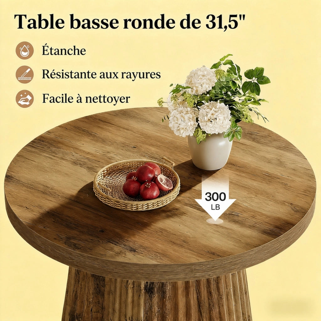 Tavolino da salotto rotondo in MDF con base scanalata, 80 cm, design minimalista