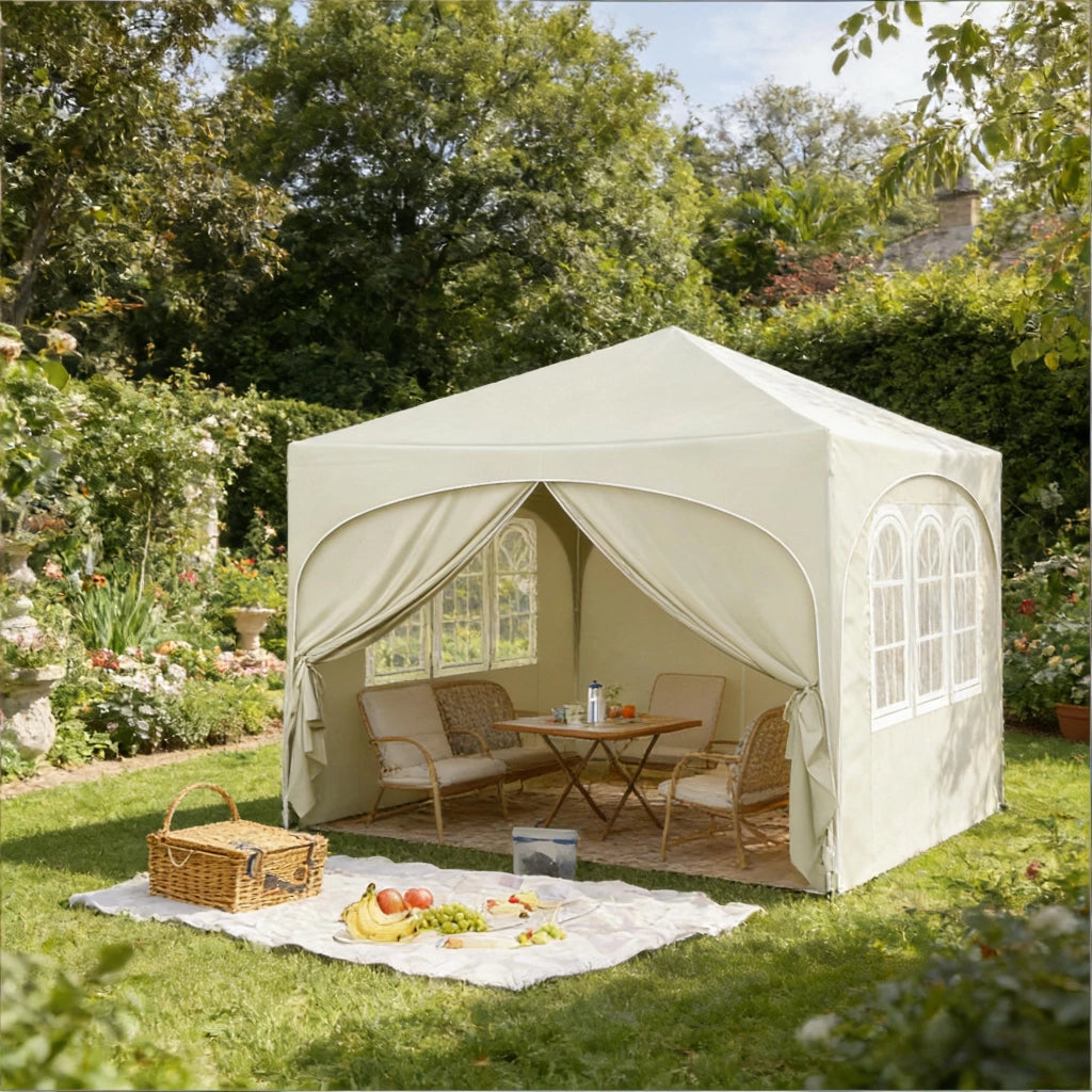 Gazebo pieghevole 3 × 3 m con 4 pareti rimovibili; tetto impermeabile anti-UV 50+; beige; con borsa