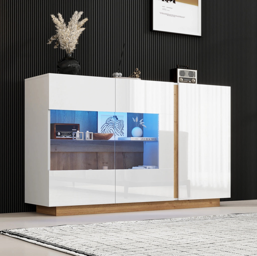 Madia 138 x 38;5 x 90;5 cm bianca lucida con 3 ante; vetro e LED RGB Bluetooth HOMVRA