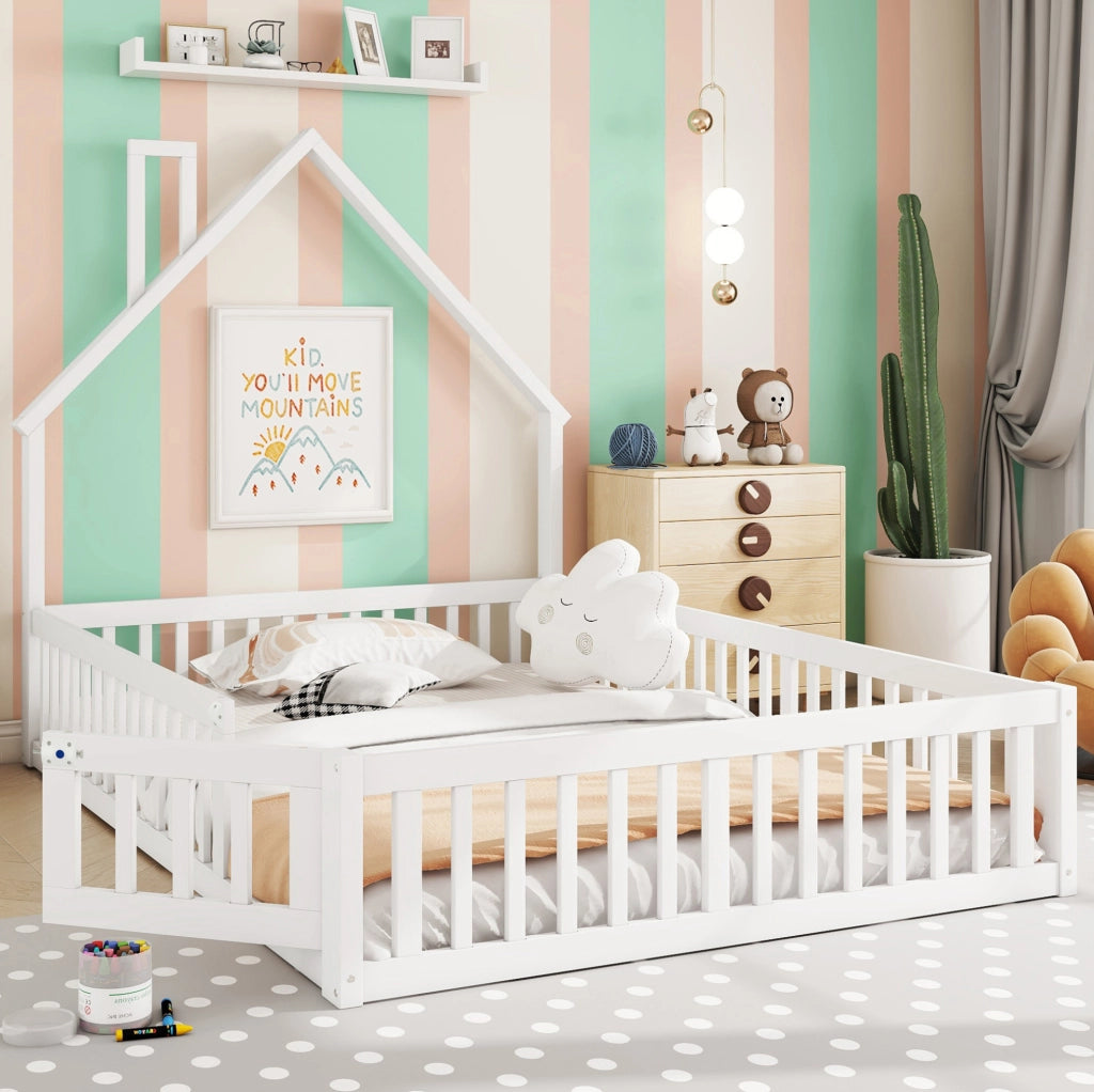 Letto per bambini 140x190 cm con camino, sponde di sicurezza e rete, bianco