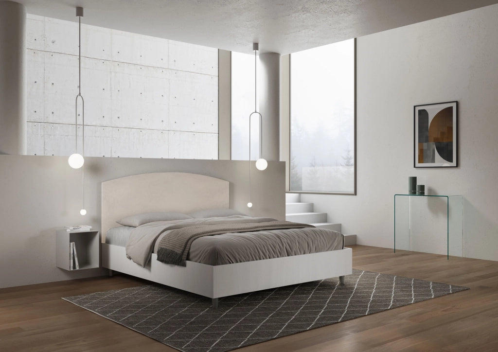 BS COM Letto matrimoniale con rete 160x200 bianco frassino testata microfibra sabbia