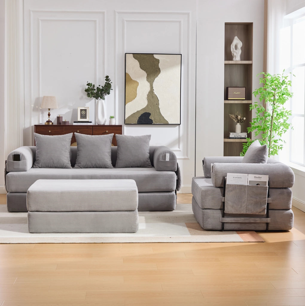 Divano modulare in corduroy con pouf; grigio chiaro
