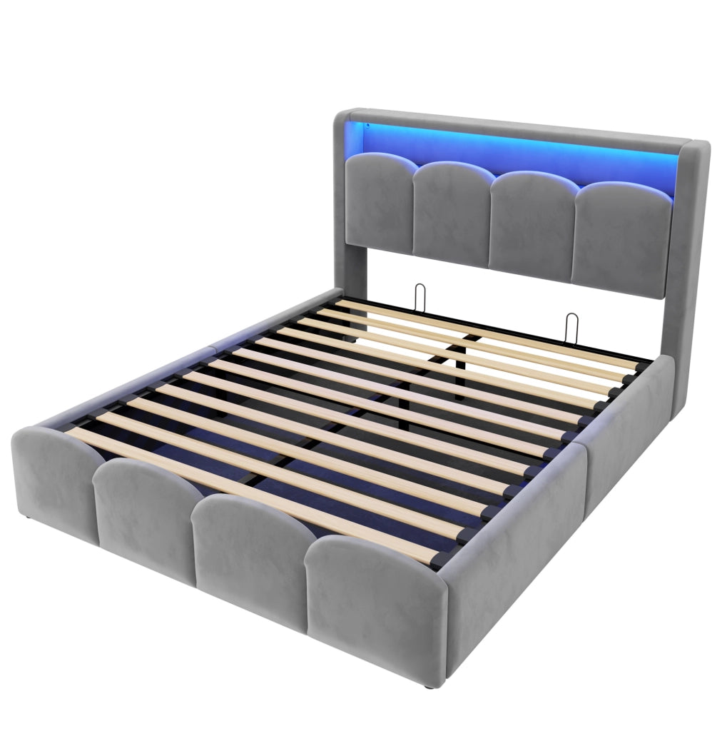 Letto matrimoniale imbottito ULEVR 140x200 cm con contenitore idraulico, LED, USB e Type-C, velluto grigio