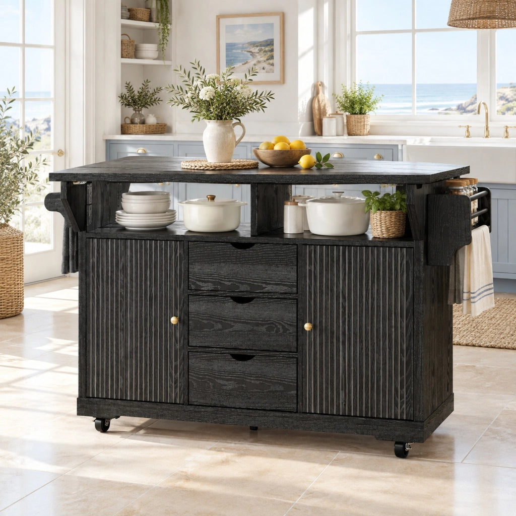 Carrello da cucina nero con ripiani pieghevoli e 3 cassetti