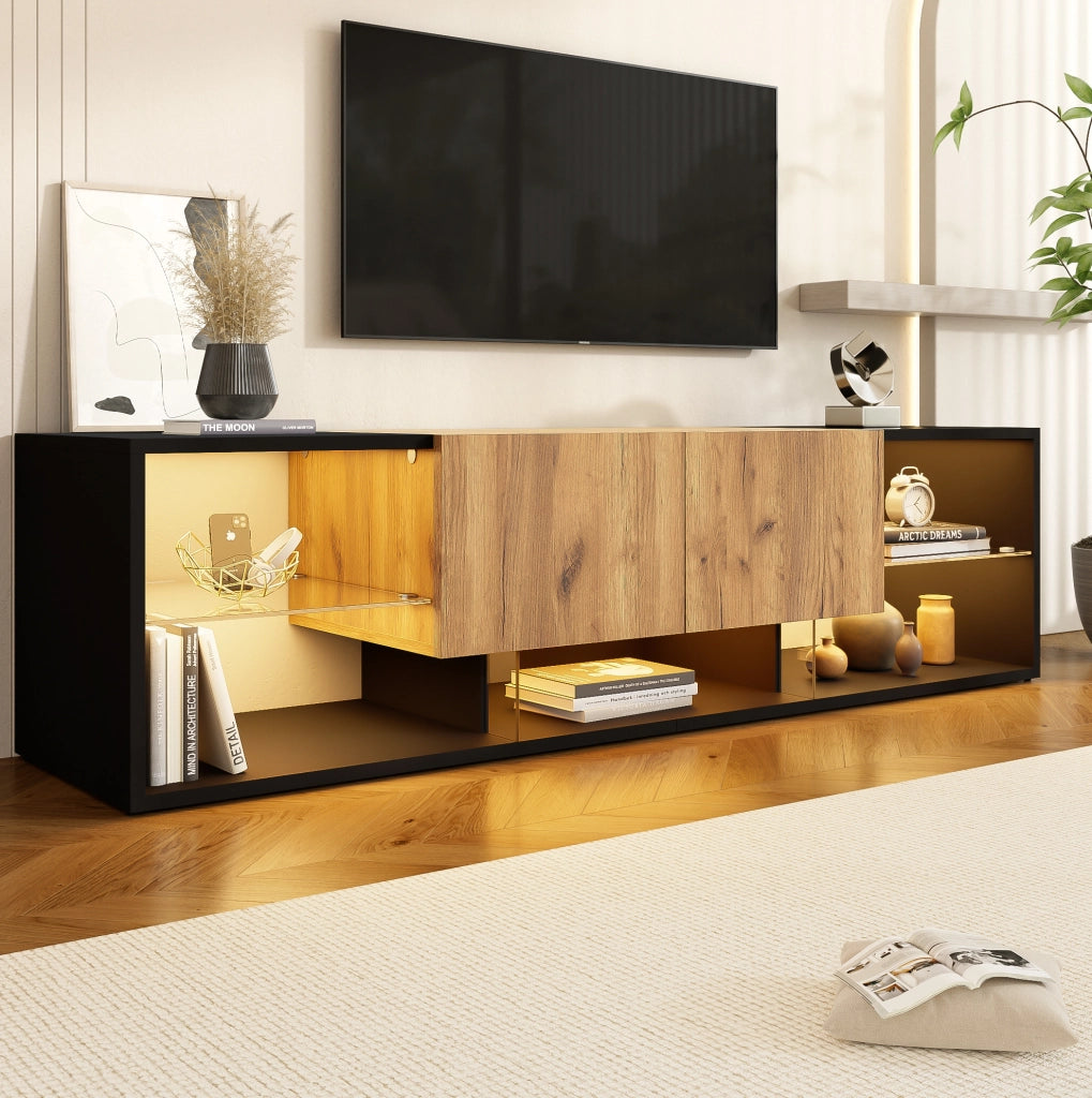 Mobile TV moderno nero con illuminazione LED e due cassetti