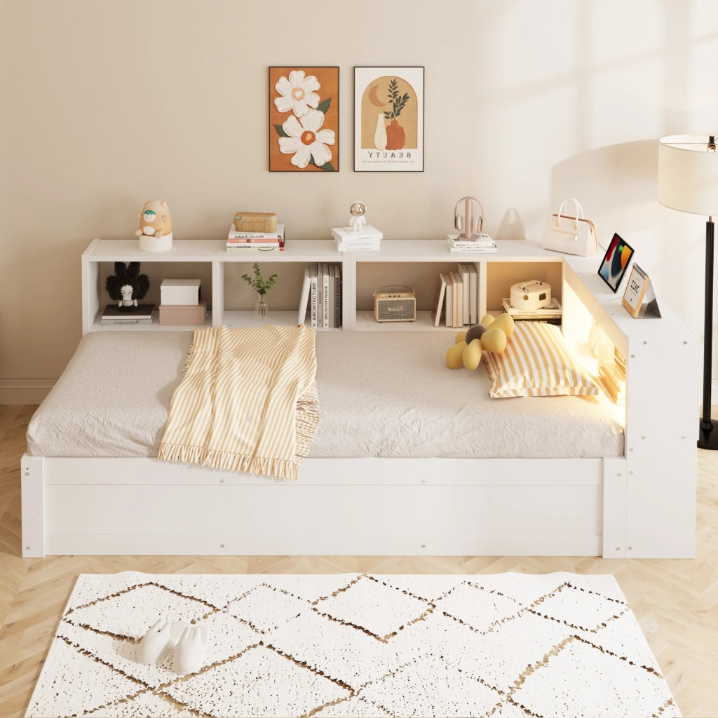 Letto singolo multifunzione 90 × 200 cm con vano contenitore legno bianco presa integrata e luce LED