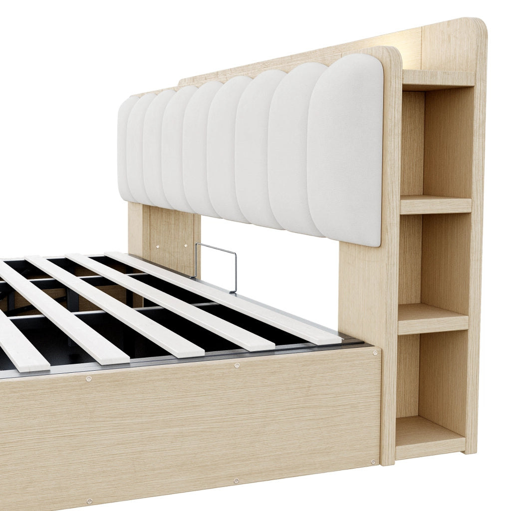 Letto contenitore 180 × 200 cm con sollevamento idraulico testiera imbottita USB luce notturna legno naturale