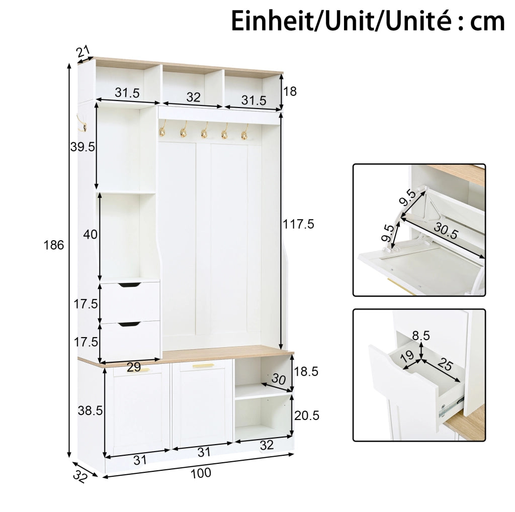 Mobile ingresso con guardaroba; panca e luce LED controllata da app; 100 x 32 x 186 cm bianco