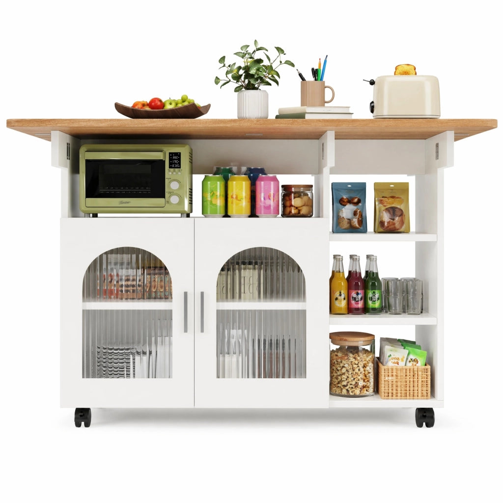 Isola cucina pieghevole con ruote e ripiani 120x30/70x79;5 cm in MDF bianco