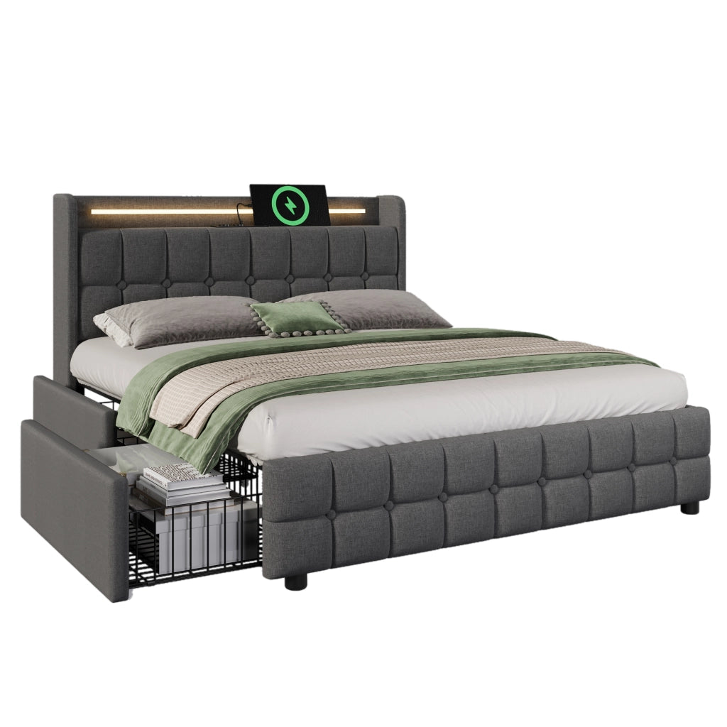 Letto matrimoniale imbottito 160x200 cm con testiera con ricarica USB e LED, 4 cassetti, contenitore, rete a doghe in legno - Grigio (Senza materasso)
