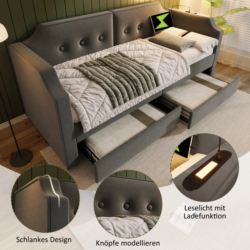 Letto con cassetti 90 × 200 cm con 2 cassetti; luce da lettura USB e Type-C; velluto grigio con rete
